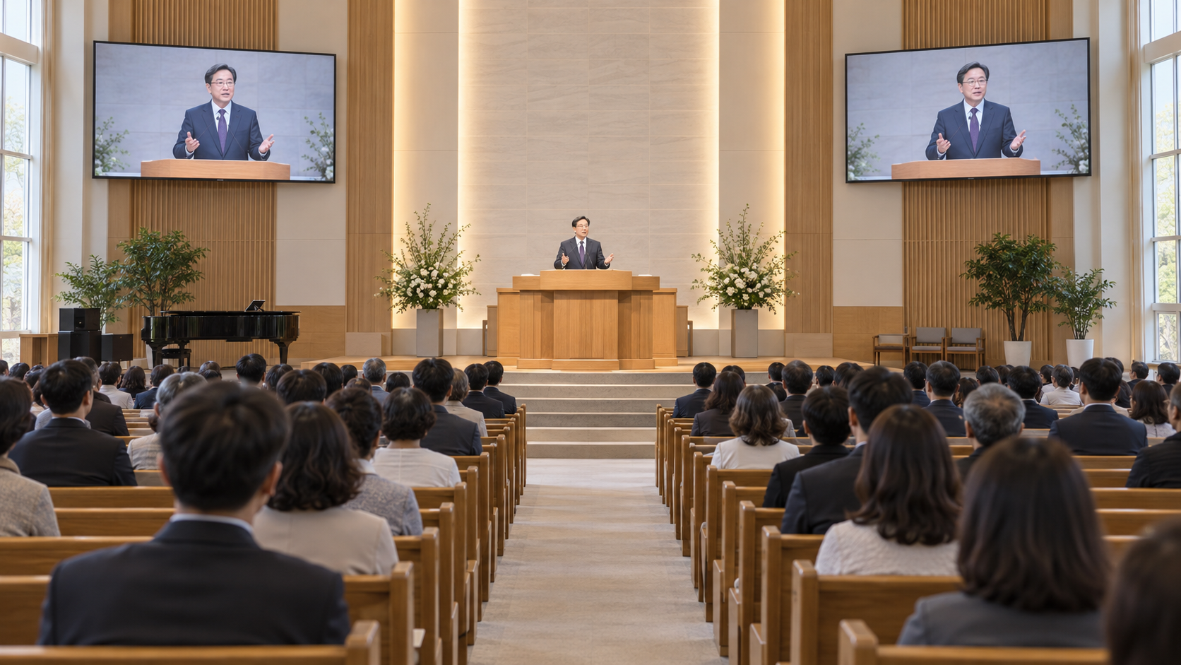 한국 교회 예배당에서 양쪽 TV로 설교 중계를 경청하는 성도들 연출 이미지